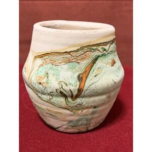 Vtg Nemadji USA Indian Art Green Marble Swirl Handmade Pottery Vase